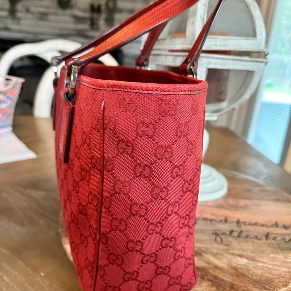 Gucci Red GG Canvas Tote with Leather Handles - Picture 3 of 14